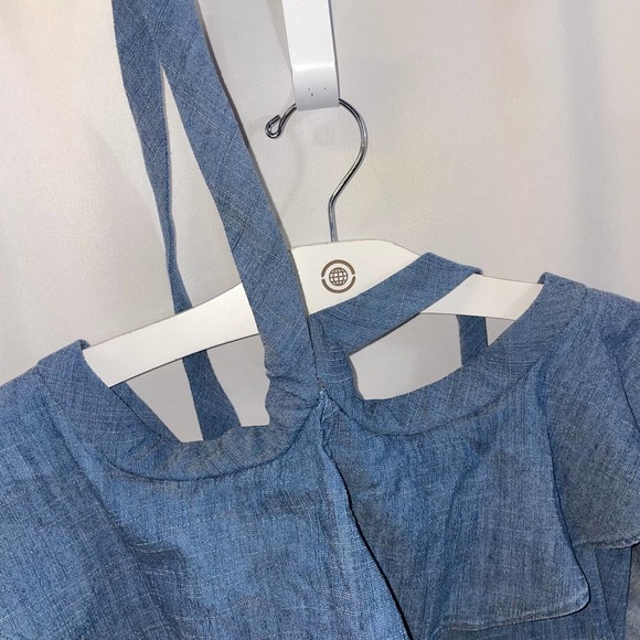 Alice + Olivia Alexia Off-Shoulder Halter Tie Ruffle Top Chambray Mini Dress XS. - Picture 6 of 8
